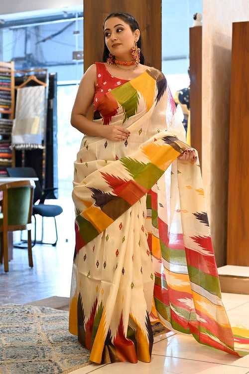 Cream With Multi Color Temple Silk Sambalpuri Handloom Saree