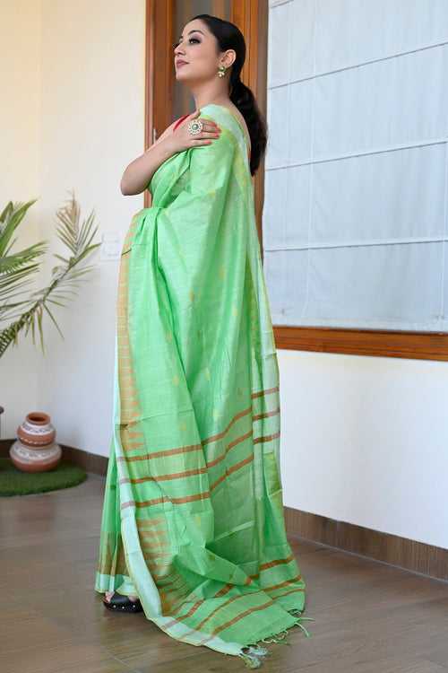 Green Color Pure Cotton Woven Design Maheshwari Handloom Saree