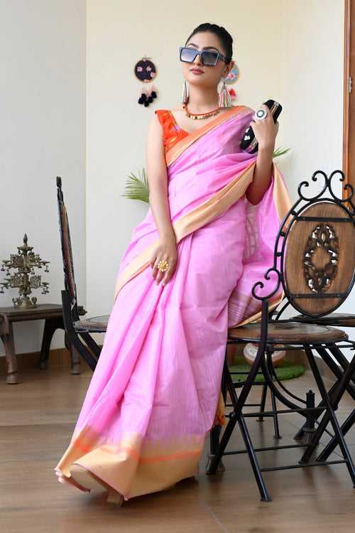 Pink Color Pure Cotton Solid Maheshwari Handloom Saree