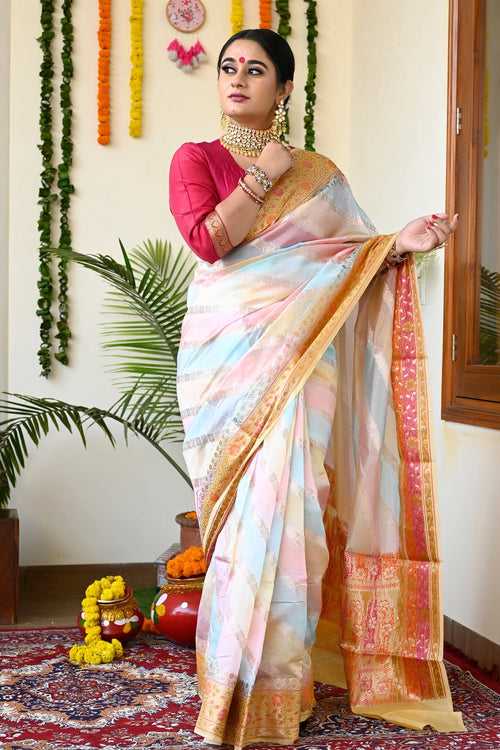 Multi Color Pastel Handloom Pure Banarasi Silk Saree With Yellow Pallu And Borders