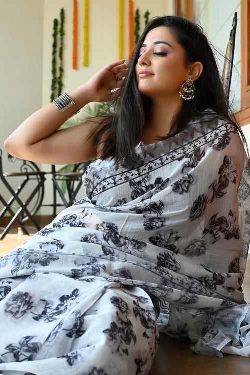 White with Black Linen Saree with Digital Floral Print