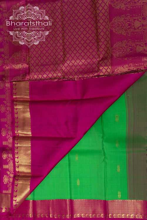 Harlequin green with hot pink border - golden zari Pallu and border - small zari bootis