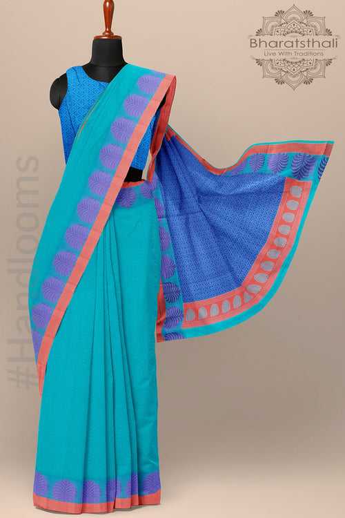 Blue Color Cotton Silk Saree with all over self work and Contrast pallu