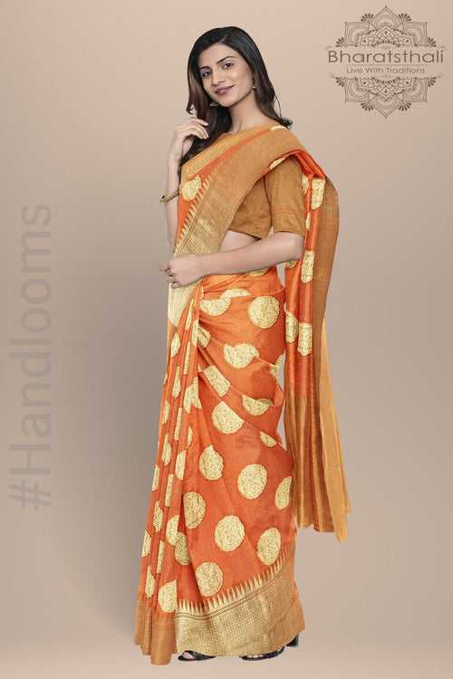 Orange with Goden Zari Work Banarasi Woven Silk Saree