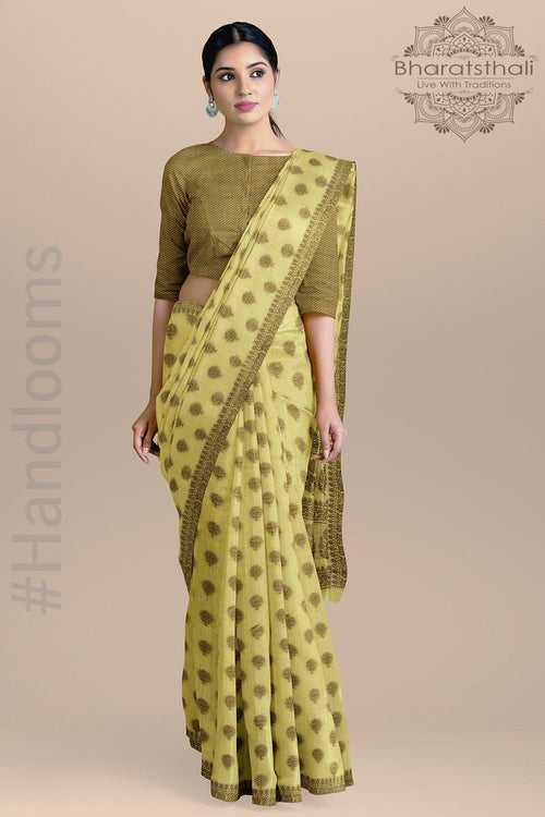 Yellow Color Cotton Silk Saree with Golden Zari Booties and pallu