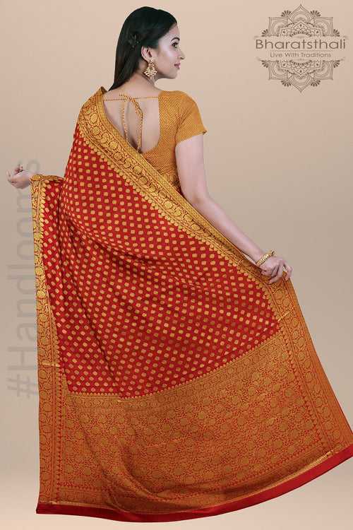 Dual Shade Red and Orange Silk Saree with all over Zari Booty, Small Border and Heavy Golden pallu