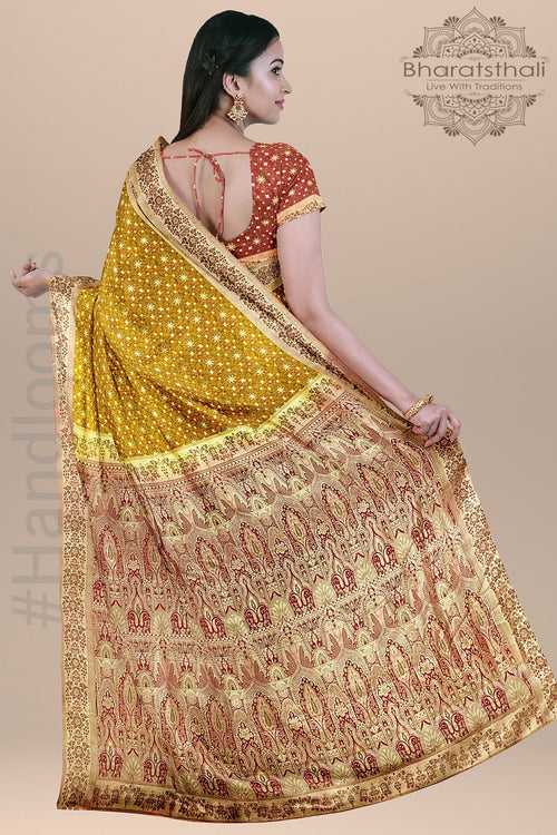 Mustard Color Pure Banarasi Tanchoi Silk Saree with Contrast Border and pallu