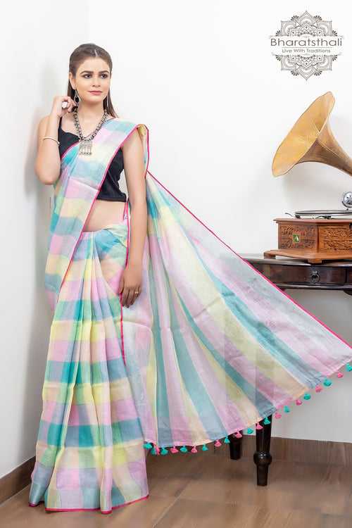 Multicolour Pink Blue Yellow With Silver Border Pure Linen Saree