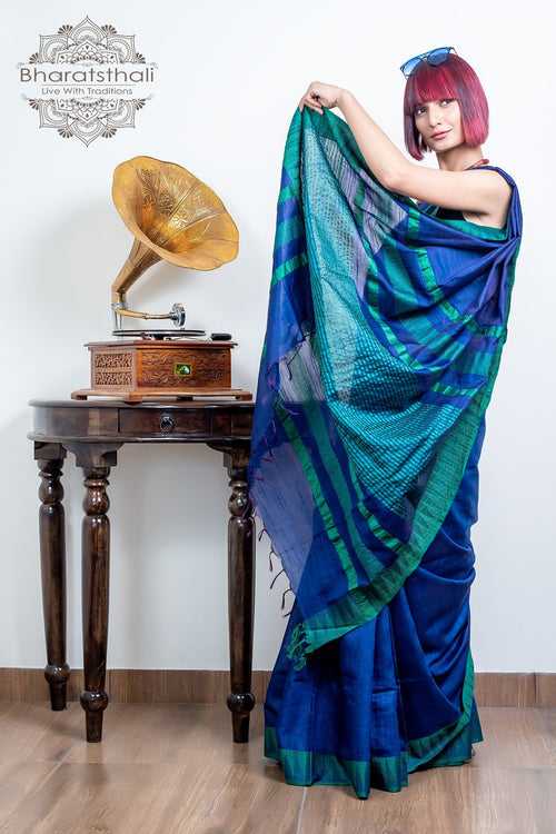 Navy Blue With Green Temple Border Pure Kota Cotton Saree