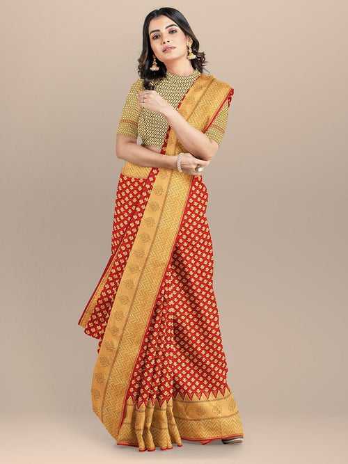 Red Color Banarasi Silk Saree with Golden Zari Booties and Border