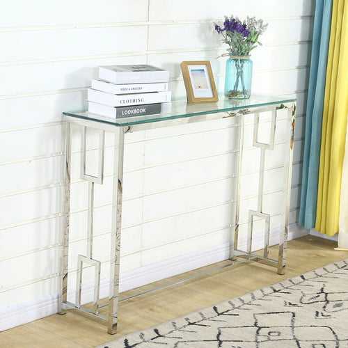 Fuzz Console Table in Stainless Steel with Glass Top
