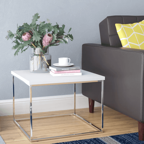 Lyvia Side Table in Stainless Steel with Square White Wooden Top