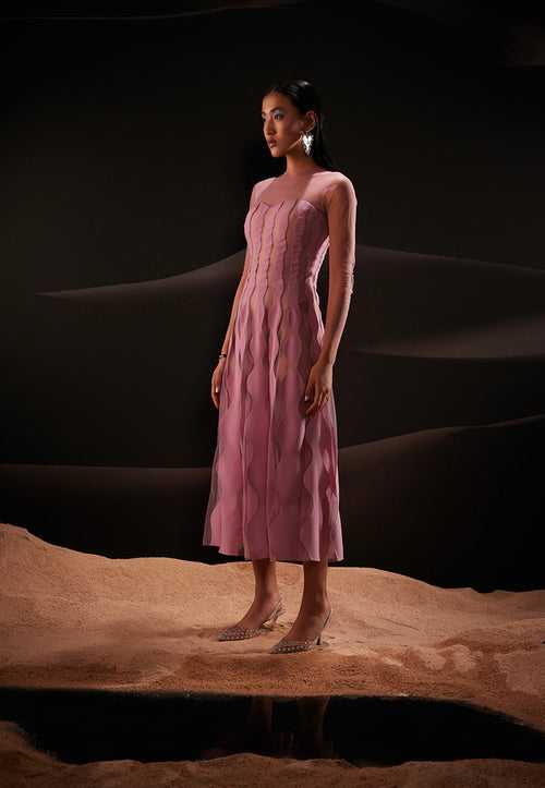 Semi-Sheer Scallop Patchwork Midi Dress in Pink