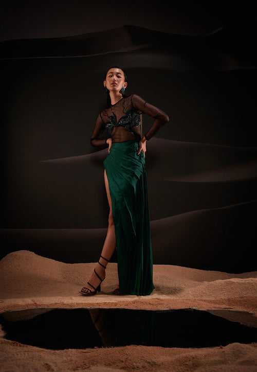 Sheer Embellished Asymmetrical Gown in Green