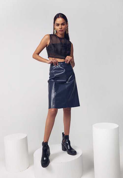 Artificial Leather Midi Skirt in Blue