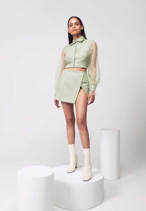 Asymmetrical Pleated Co-ord Set in Pastel Green