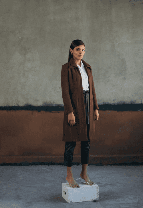 Double collared wool coat in brown