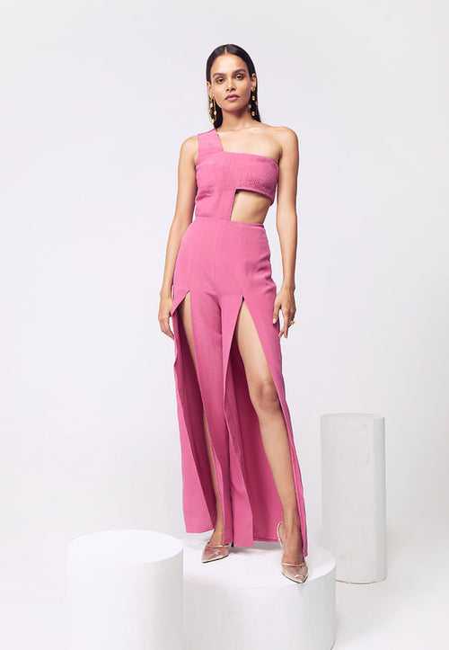 Pleated One-Shoulder Co-ord Set in Pink