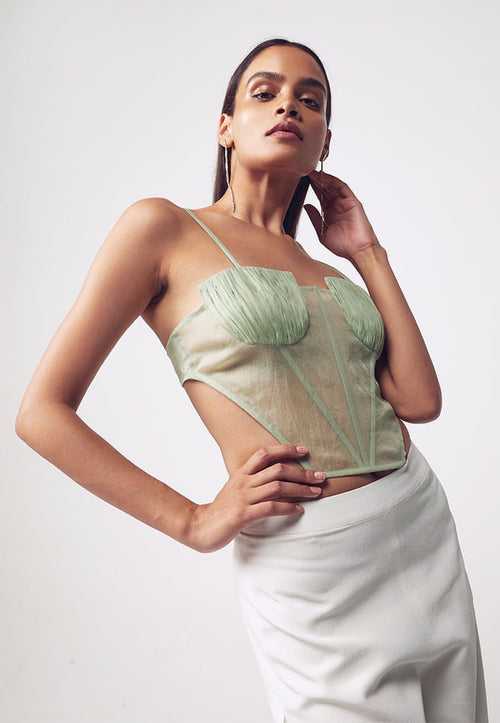 Ruched Cut-Out Corset in Pastel Green