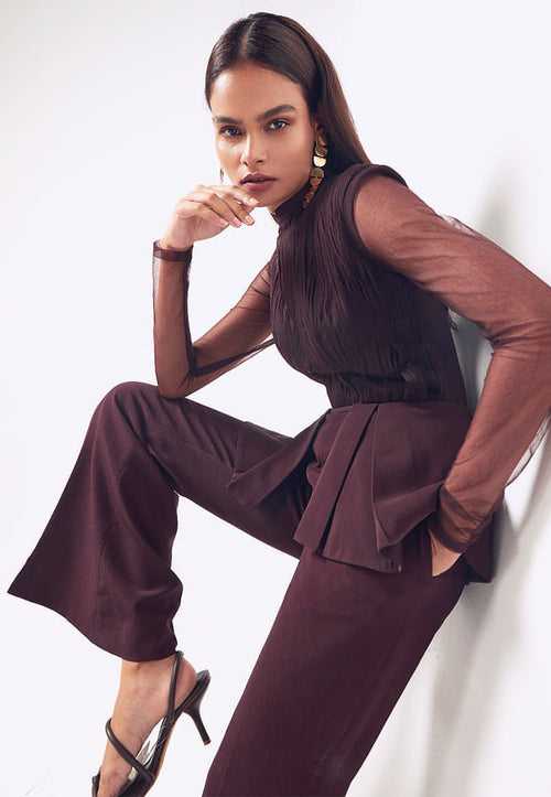 Ruched Jumpsuit with Detachable Peplum in Wine
