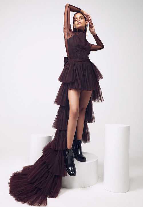 Ruffled 3-Piece Gown in Wine