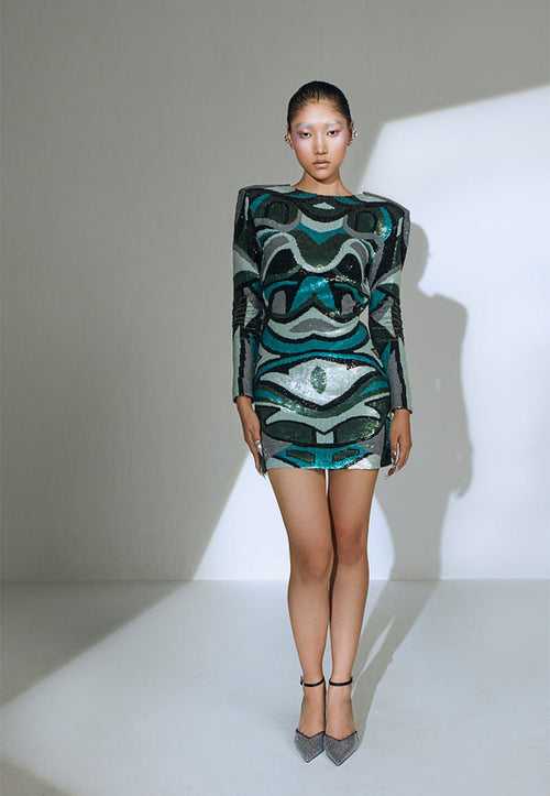 Shoulder-Padded Sequin Mini Dress