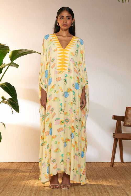 Ivory Printed Ruched Long Kaftan