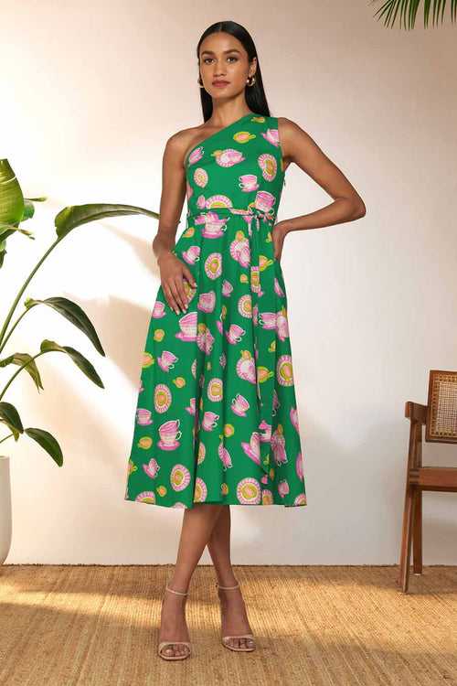 Green Printed One-Shoulder Midi Dress
