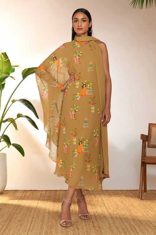 Tan Tangy Tango One-Shoulder Kaftan Dress