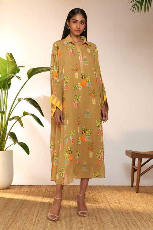 Tan Tangy Tango Printed Collar Kaftan