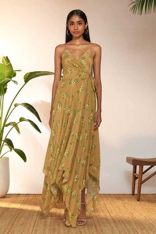 Tan Lemon Frenzy Printed Wrap Dress