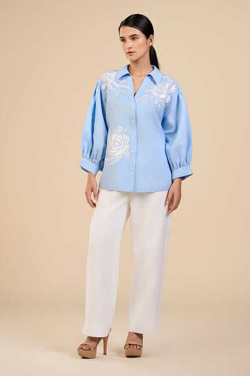 Ice Blue Embroidered Shirt & Pant Co-Ord Set