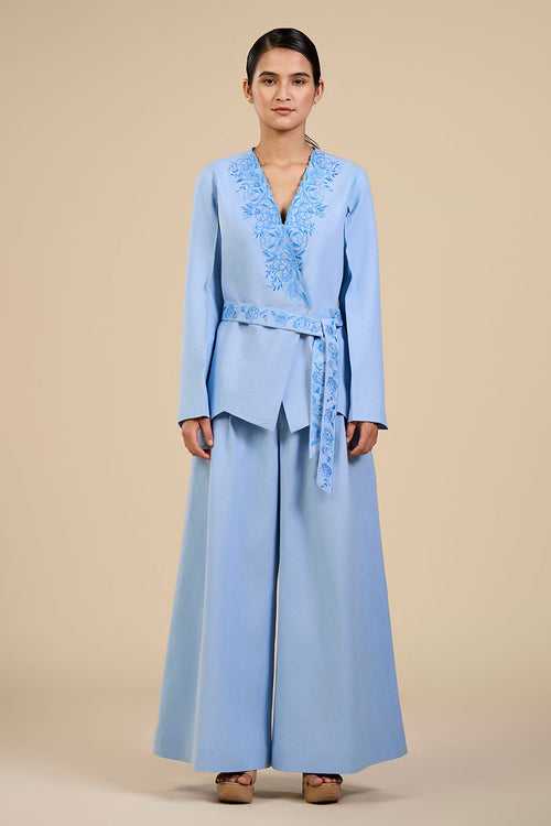 Ice Blue Rose Embroidered Blazer & Pant Co-Ord Set