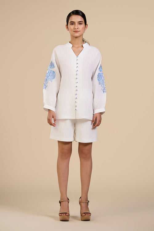 White Rosette Embroidered Shirt