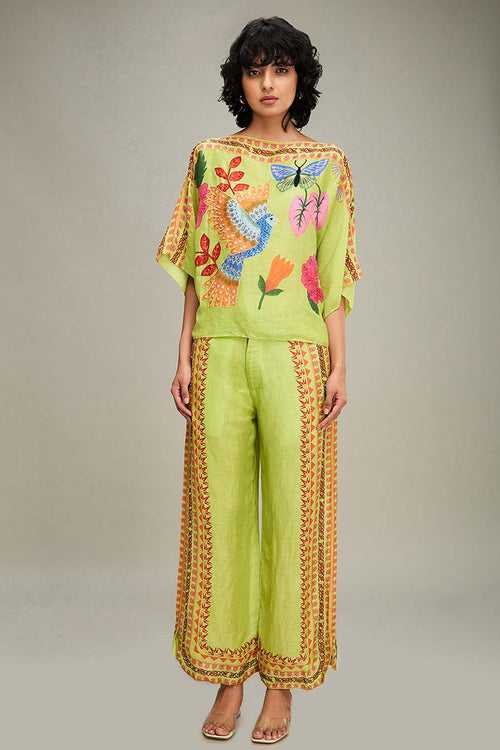 Green Avain Printed Kimono Top & Pant Co-Ord Set