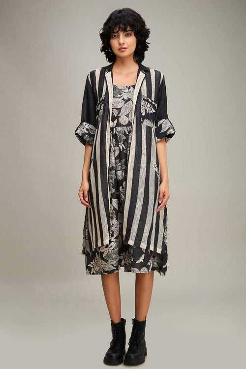 Black Ahyana Printed Long Dress & Jacket Set