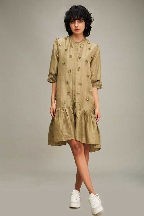 Olive Green Floral Applique Boxy Dress