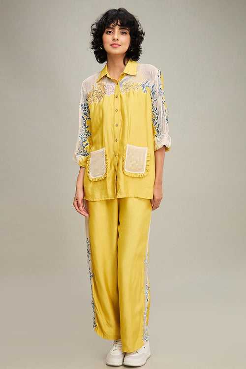 Yellow Zinnia Applique Shirt & Pant Co-Ord Set