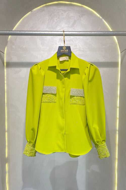 Neon Green Pearl Embellished  Shirt