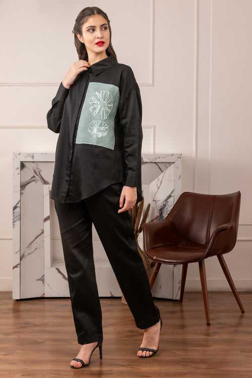 Black Patch Embellished Oversized Shirt With Pants