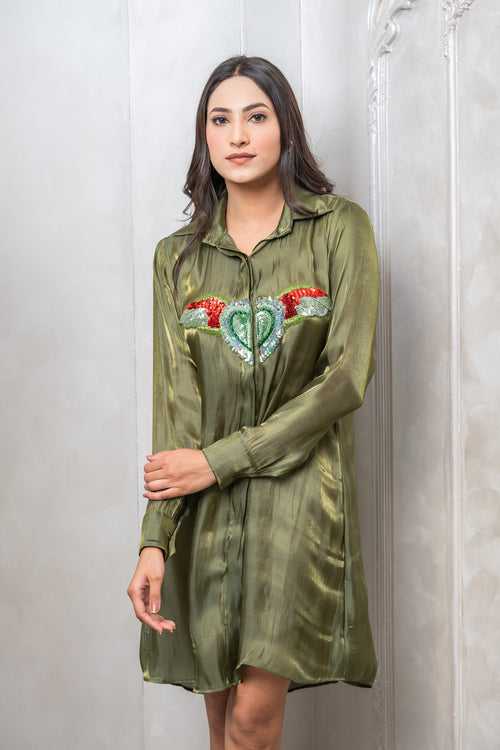 Olive Green Heart With Wings Shirt Dress