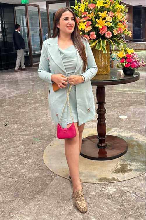 Sea Green Moss Crepe Draped Dress With A Blazer