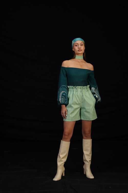 Teal and mint off shoulder archway pullover with paper bag faux leather shorts