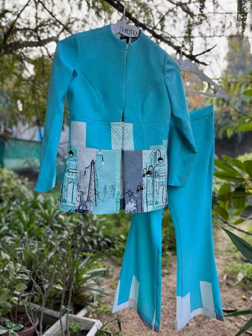 Sea Blue City Print & Embellished Corset Coat Set