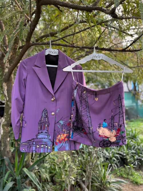 Purple Print & Embellished Skirt Suit
