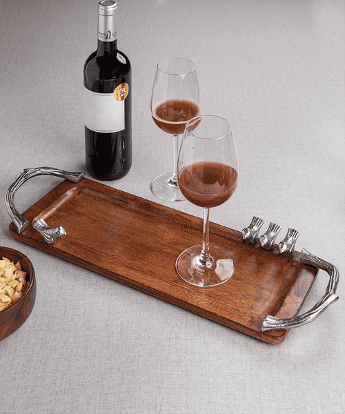 Wooden Tray With Silver Birds