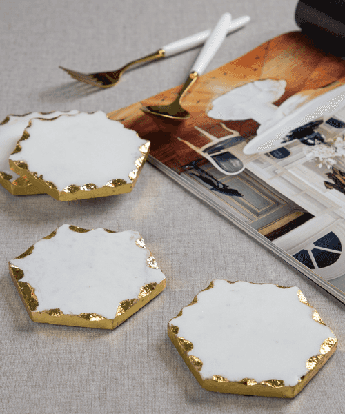 Marble Hexagon Coasters With Gold Foiling On Edges - Set Of 4