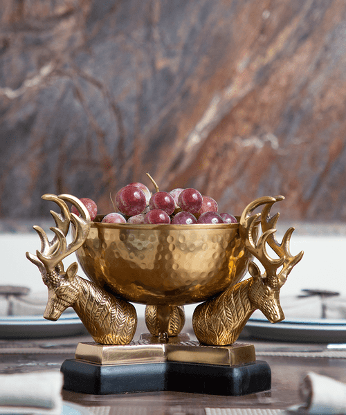 Brass Serving Bowl On Deer Horns