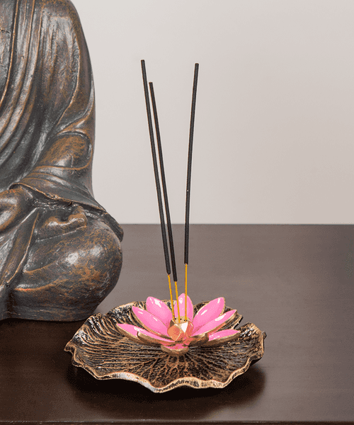 Pink Enamel Brass Lotus On Leaf Incense Holder