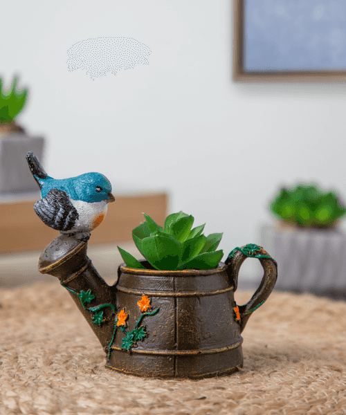 Watering Can with Perched Bird Planter Pot (Artificial Succulent Plant Included with this Planter Pot)